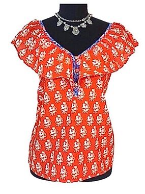 J. CREW ~ Red Floral Ruffled Top w/White Flower Print Blue Trim Details Lined